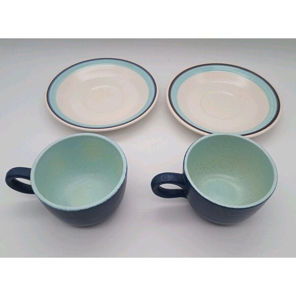 2 Vtg Franciscan Malibu Tea Cup And Saucer Blue Brown Speckled Stoneware - Picture 3 of 9